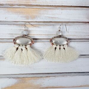 NWT! Nakamol Boho Chic Fringe Handbeaded Silver and Cream Tassel Earrings NEW!
